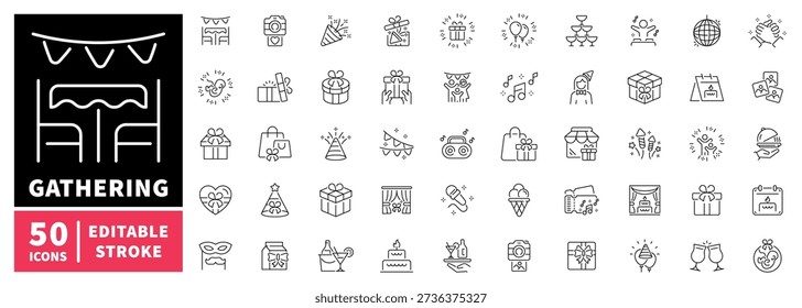 Party and celebration editable line icons set. festive and fun symbols