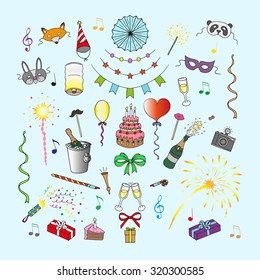Party and celebration elements. Doodle set. Isolated