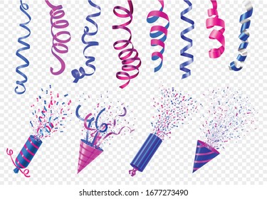 Party celebration event festive accessory realistic hanging serpentine cone popper set transparent background isolated vector illustration 