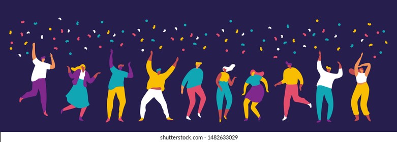 Party, celebration, event horizontal banner. Young People dancing and have fun. Friendship. Student party. Male and female flat characters isolated  on dark background.	