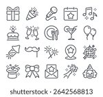 Party, celebration and event planning editable stroke outline icons set isolated on white background flat vector illustration. Pixel perfect. 64 x 64