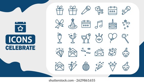 Celebração da Festa e Planejamento de Eventos Editável Traçado Ícones Definidos no Estilo Contorno Plano no Fundo Branco