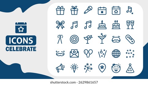 Celebração da Festa e Planejamento de Eventos Editável Traçado Ícones Definidos no Estilo Contorno Plano no Fundo Branco