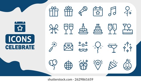 Celebração da Festa e Planejamento de Eventos Editável Traçado Ícones Definidos no Estilo Contorno Plano no Fundo Branco