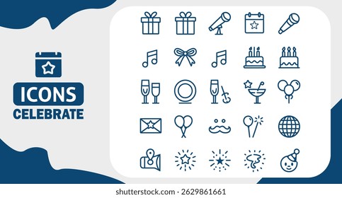 Celebração da Festa e Planejamento de Eventos Editável Traçado Ícones Definidos no Estilo Contorno Plano no Fundo Branco