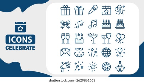 Celebração da Festa e Planejamento de Eventos Editável Traçado Ícones Definidos no Estilo Contorno Plano no Fundo Branco
