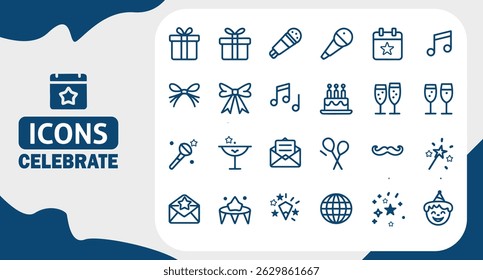 Celebração da Festa e Planejamento de Eventos Editável Traçado Ícones Definidos no Estilo Contorno Plano no Fundo Branco