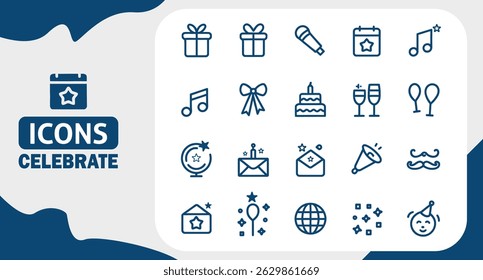 Celebração da Festa e Planejamento de Eventos Editável Traçado Ícones Definidos no Estilo Contorno Plano no Fundo Branco