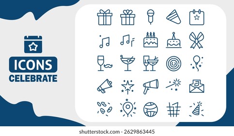 Celebração da Festa e Planejamento de Eventos Editável Traçado Ícones Definidos no Estilo Contorno Plano no Fundo Branco