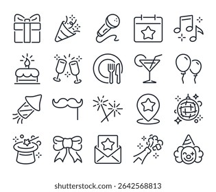 Party, celebration and event planning editable stroke outline icons set isolated on white background flat vector illustration. Pixel perfect. 64 x 64