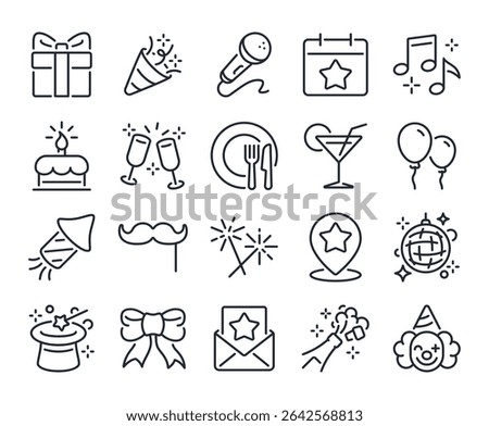 Party, celebration and event planning editable stroke outline icons set isolated on white background flat vector illustration. Pixel perfect. 64 x 64