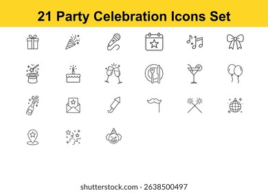 Party, Celebration, and Event Planning Line Icons Set – Editable Stroke, 64x64 Flat Vector Illustration with Fun, Gift, Clown, Music, Fireworks, Cake, Balloon, and More | Pixel Perfect Outline Style