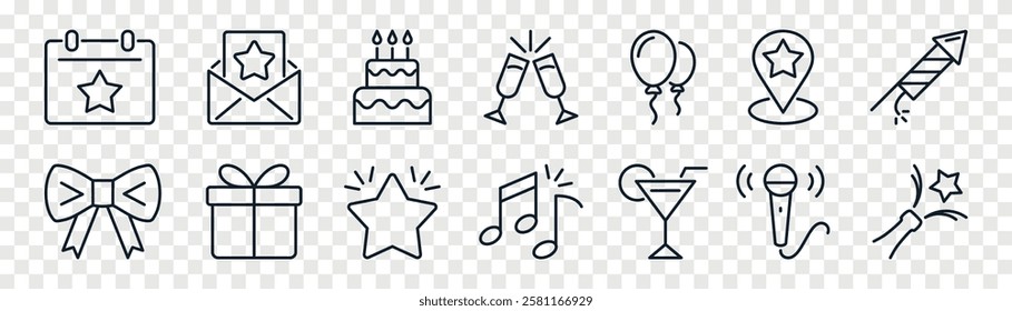Party, celebration and event planning outline icons set
