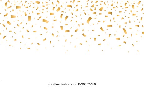 Party and celebration festive template with many small golden falling confetti pieces on white background. Vector illustration