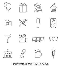 Party, celebration, fireworks, confetti and more, thin line icons set, vector illustration. Graphic pictogram isolated for web site, mobile application. Logo illustration.