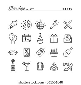 Party, celebration, fireworks, confetti and more, thin line icons set, vector illustration