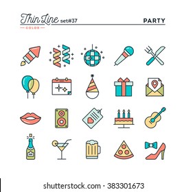 Party, celebration, fireworks, confetti and more, thin line color icons set, vector illustration