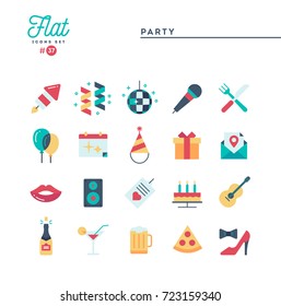 Party, celebration, fireworks, confetti and more, flat icons set, vector illustration