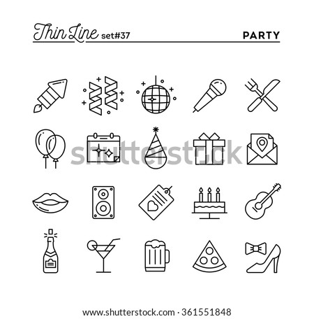 Party, celebration, fireworks, confetti and more, thin line icons set, vector illustration