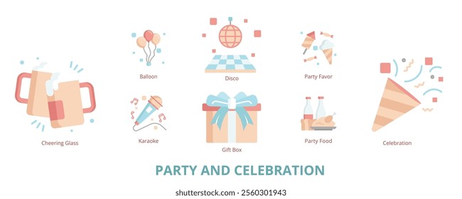 Party and Celebration Flat Banner Web Icon Set Vector Illustration