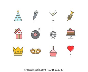 Party and celebration flat line colored icons set with cone hat, karaoke, martini, saxophone, gift box, music player, mirror ball, birthday cake, crown, carnival mask, heart balloon.