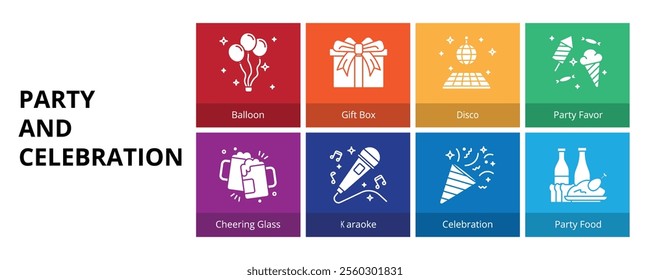 Party and Celebration Glyph Solid Banner Web Icon Set Vector Illustration