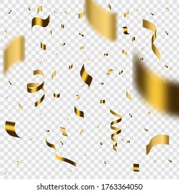 Party celebration gold confetti. Gold confetti background vector. Falling festive decoration for birthday party celebration.