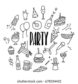 Party and celebration hand drawn doodle icons set. Birthday supplies.