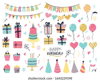 Party celebration hand drawn elements. Greeting birthday party card details, colorful balloons, garlands, cupcakes, confetti and cakes with candles. Greeting, invitation card vector isolated set