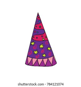 Party (celebration) hat with stars, hand drawn doodle sketch, isolated vector color illustration