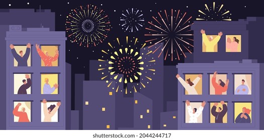 Party celebration from home. Holiday city night, people standing in windows and balcony. Neighbors look fireworks from apartments utter vector scene