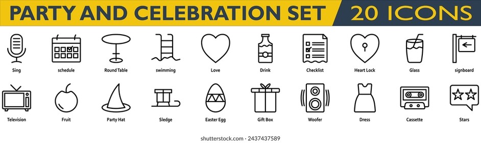 Party and celebration icon set. Containing sing,schedule,round table,swimming,love,drink,checklist,heart lock,glass,signboard,television,fruit,party hat,sledge,easter egg. line style collection