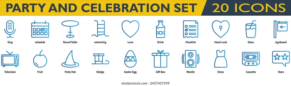 Party and celebration icon set. Containing sing,schedule,round table,swimming,love,drink,checklist,heart lock,glass,signboard,television,fruit,party hat,sledge,easter egg. line gradient style