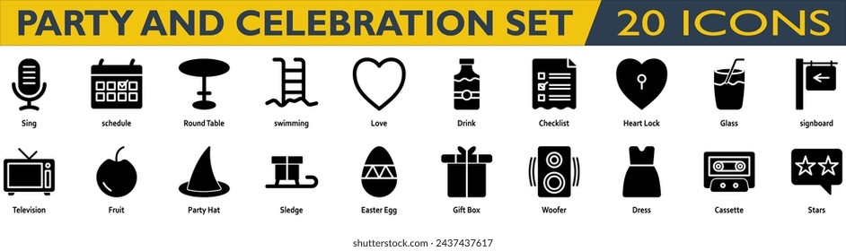 Party and celebration icon set. Containing sing,schedule,round table,swimming,love,drink,checklist,heart lock,glass,signboard,television,fruit,party hat,sledge,easter egg. Solid style collection