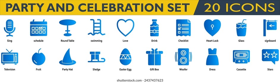Party and celebration icon set. Containing sing,schedule,round table,swimming,love,drink,checklist,heart lock,glass,signboard,television,fruit,party hat,sledge,easter egg. Solid gradient style