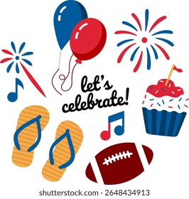 Conjunto de ícones de celebração da festa. Bolinho, balão, chinelos, nota de música, futebol, fogos de artifício com � celebramos o texto em negrito vermelho branco azul