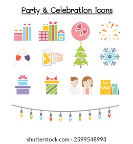 Party and Celebration icon set in flat color style