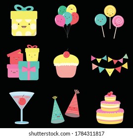 Party and celebration icon set: gifts, balloons, lollipops, pie, flags, drink, caps, cake. Vector flat illustration on black background