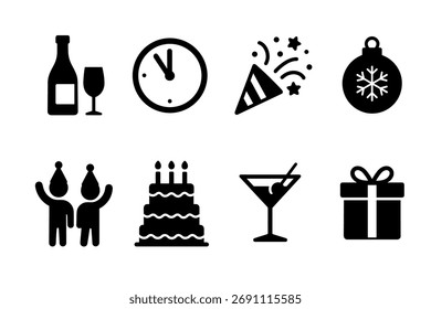 Party and celebration icon set. Vector black symbols of holidays and special events