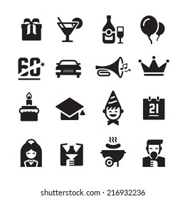 Party and celebration icons. Collection of black icons on white background of celebrating and organizing a holiday