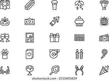 Party and celebration icons collection is a vector illustration with editable stroke.