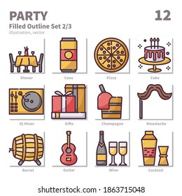 Party and Celebration icons set, Filled Outline, vector and illustration set  2