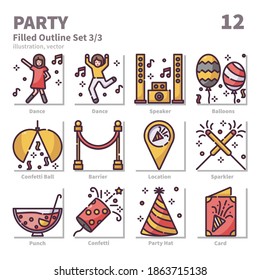 Party and Celebration icons set, Filled Outline, vector and illustration set 3