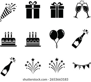 Party and Celebration Icons Set – Gifts, Champagne, Cake, Balloons, Fireworks, and Banners Vector Illustrations