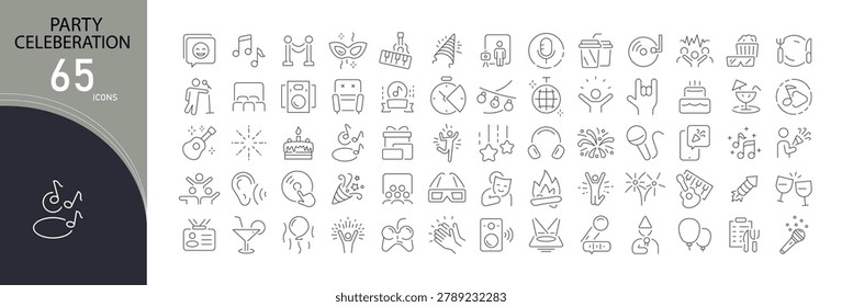 Party and celebration icons set representing festive events, birthday parties, celebrations, confetti, balloons, gifts, fireworks, music and joyful gatherings in clean outline style.