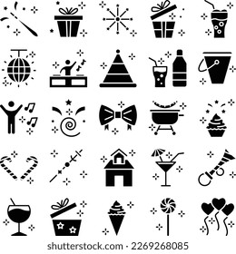 Party and celebration icons set, party vector icons, party icons pack, new year pack, event icons set, celebration  set, vecto set, party fill color pack
