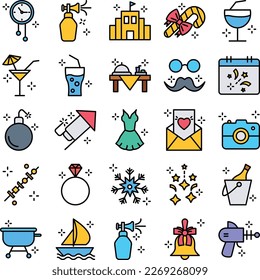 Party and celebration icons set, party vector icons, party icons pack, new year pack, event icons set, celebration  set, vecto set, party fill color pack
