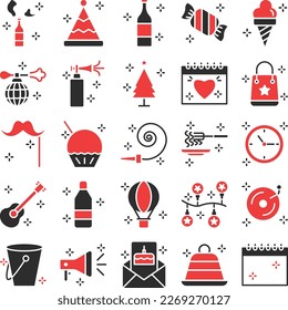 Party and celebration icons set, party vector icons, party icons pack, new year pack, event icons set, celebration  set, vecto set, party fill color pack
