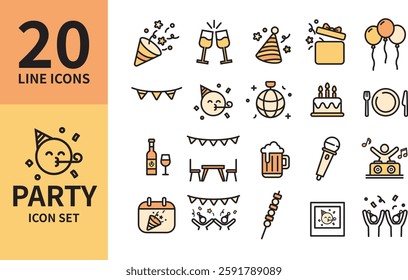 Party Celebration Icons: A Simple Set of Vector Line Icons Featuring Party Supplies, Gift Box, Balloons, Garland, Party Schedule, DJing, Skewers, and Tableware