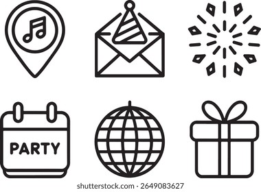Party Celebration Icons Vector Set Line Art Style Celebration Elements for Design Party Invitation and Decoration Creative and Fun